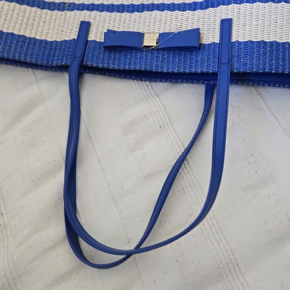 New Kate Spade Wicklow Court Anabette Striped Straw Tote Bag Beige Azure Blue - Picture 13 of 16